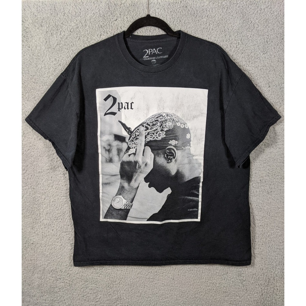 2Pac Tupac Shakur Middle Finger Photo Graphic T-Shirt Men L Black Rap Hip Hop